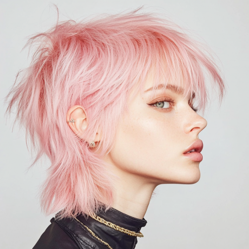 lemisa0821_28191_Create_an_image_of_a_model_with_a_mullet_hairs_4b73b520-e4e3-4933-987e-dcc721bfdb3b - Friseur Dilek Ein moderner, fransiger Mullet in Pastellrosa, kombiniert mit einer rockigen Attitüde und stilvollen Accessoires.