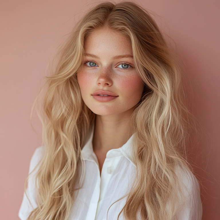 Langes, welliges Blondhaar mit leichtem Frizz im Sommer-Look.