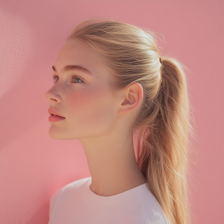 Frau mit mittlerem Pferdeschwanz und blonden Haaren. Nach oben schauend vor rosa Hintergrund.