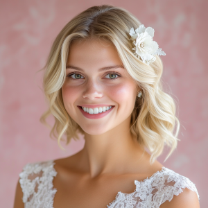Lächelnde Braut mit blonden Wellen und Blüten im Haar