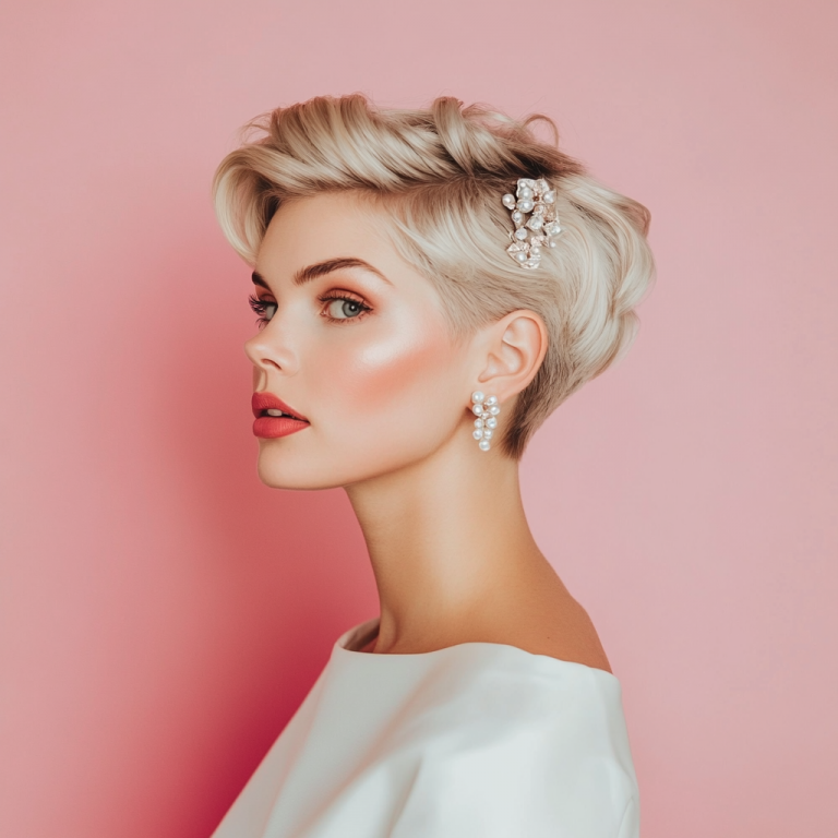 Moderne Braut mit kurzem Pixie-Cut und rosa Hintergrund