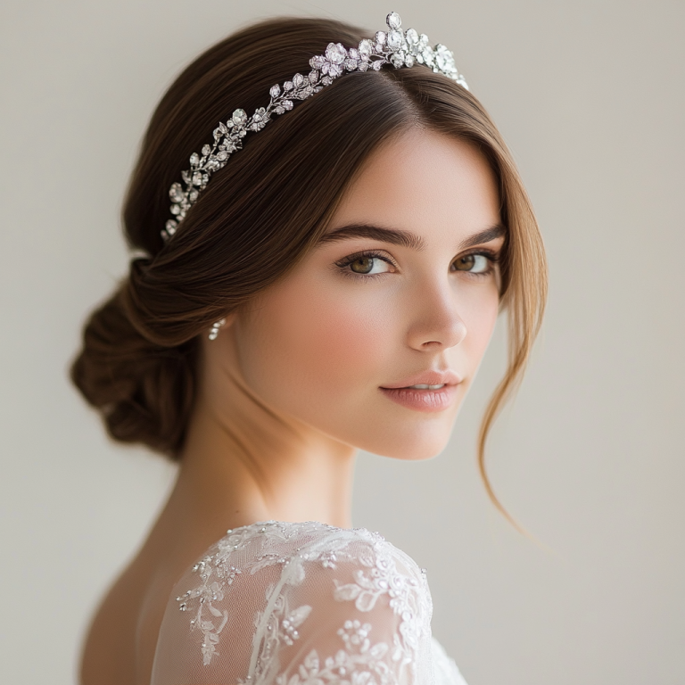 Zarte Braut mit braunem Dutt und funkelndem Diadem