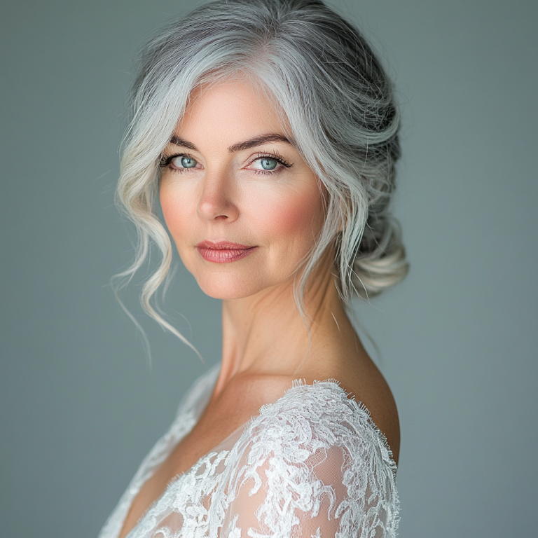 Elegante Braut mit silbergrauem Haar und Spitzenkleid