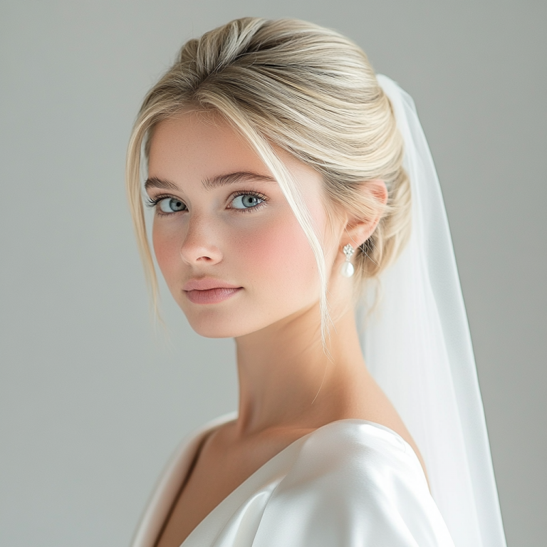 Blonde Braut mit Schleier und natürlichem Make-up