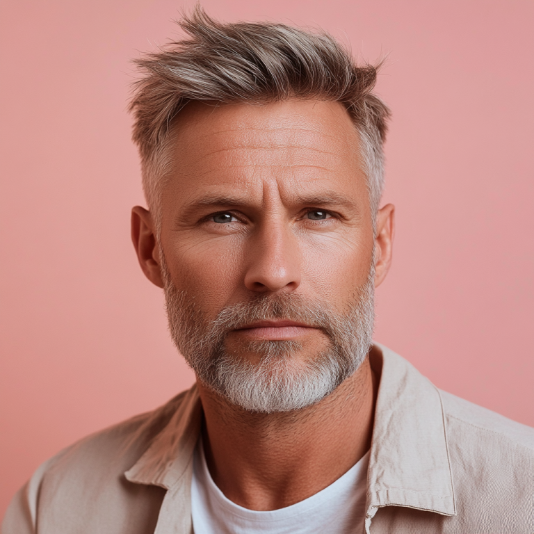 Reifer Mann mit grauem Bart und stylischem Kurzhaarschnitt vor rosa Hintergrund