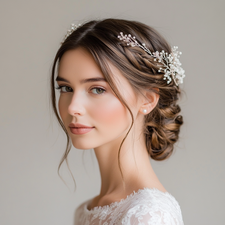 Braut mit lockerem Dutt und floralem Haarschmuck