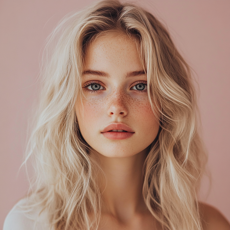 Blonde Frau mit frizzigem Haar vor rosa Hintergrund.