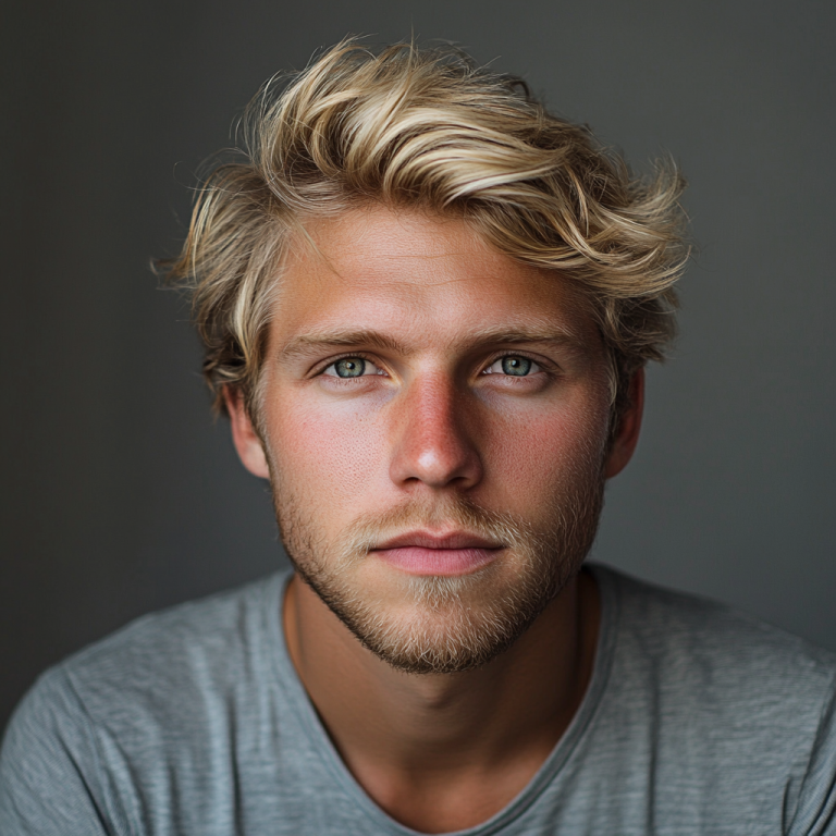 Junger Mann mit blondem Haar und grauem Shirt vor dunklem Hintergrund