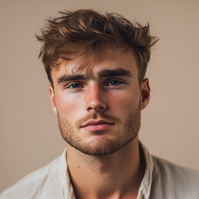 Mann mit zerzaustem Haar und ernstem Blick vor beigem Hintergrund