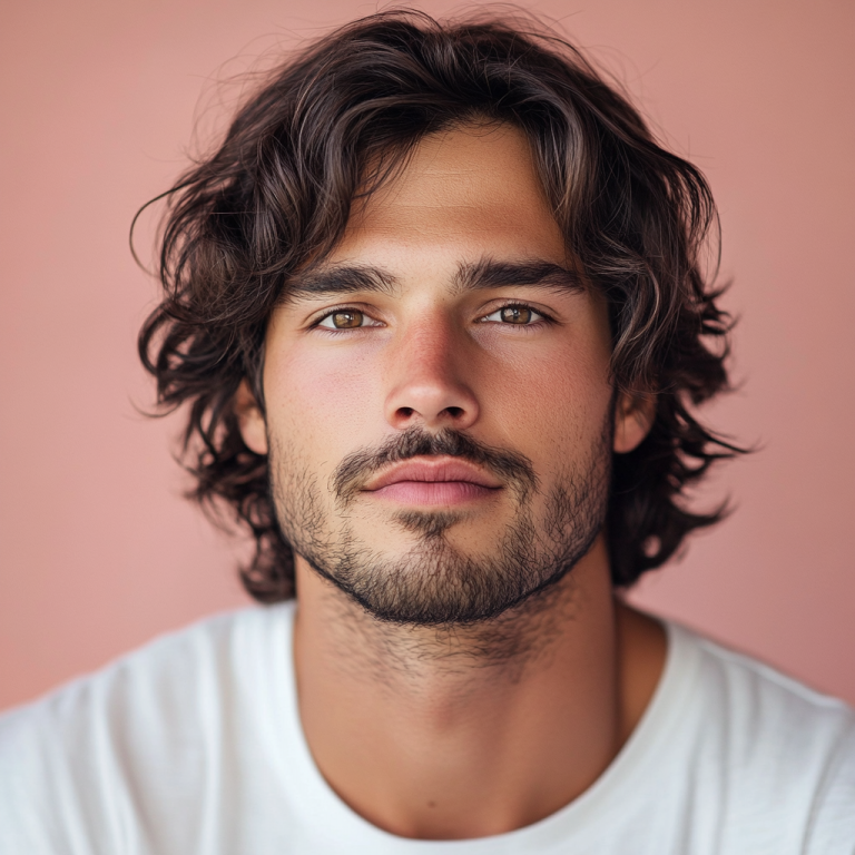 Junger Mann mit lockigem Haar und Bart vor rosa Hintergrund