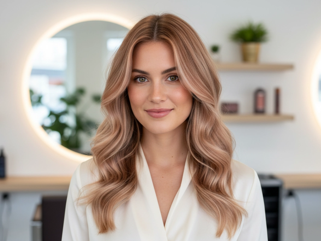 Eine junge Frau mit langen, welligen Haaren in einem warmen Strawberry-Blonde-Ton lächelt sanft in einem modernen, hellen Salon mit runden Spiegeln und Pflanzen im Hintergrund.