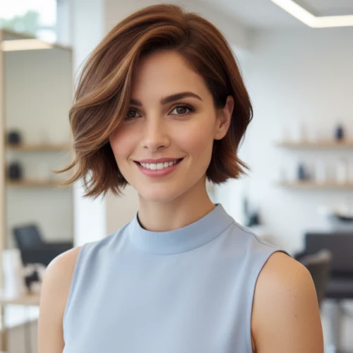 Bixie Cut 7 - Friseur Dilek Frau mit modernem Bixie Cut – ein eleganter Kurzhaarschnitt zwischen Bob und Pixie, ideal für einen frischen, femininen Look.