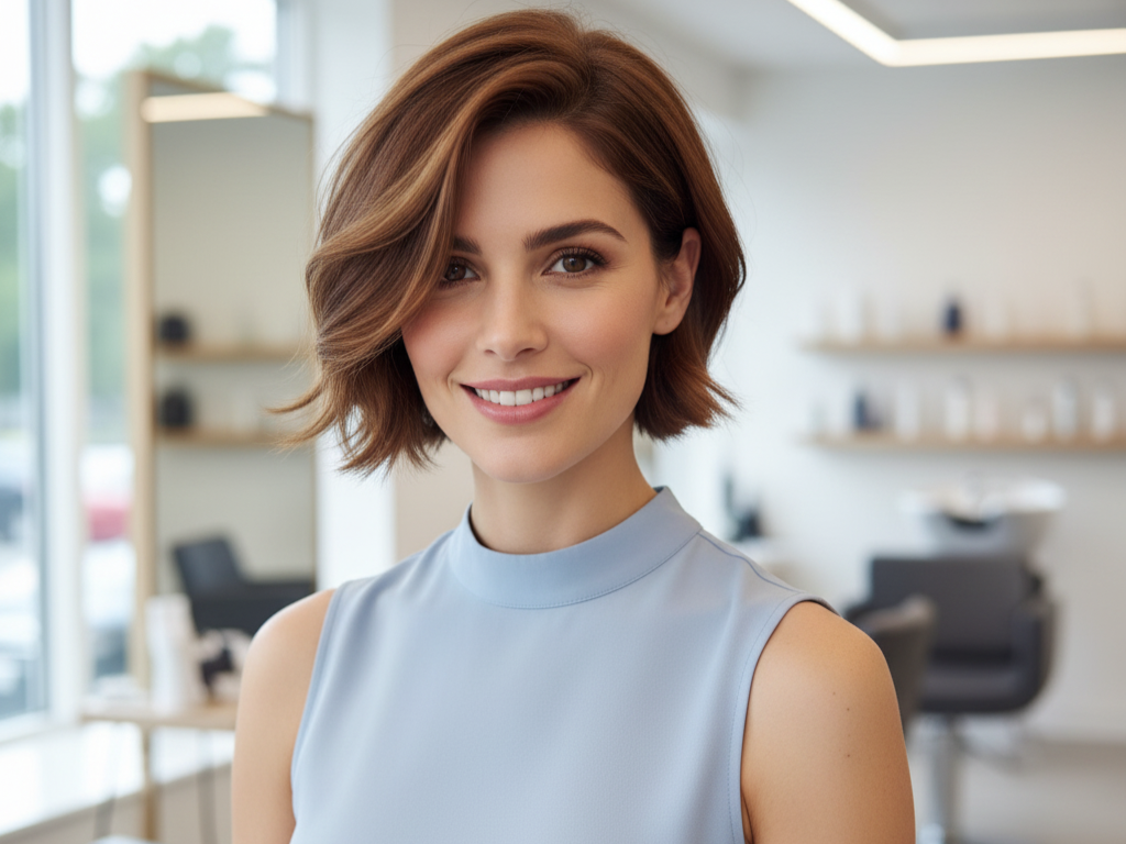 Bixie Cut 7 - Friseur Dilek Frau mit modernem Bixie Cut – ein eleganter Kurzhaarschnitt zwischen Bob und Pixie, ideal für einen frischen, femininen Look.
