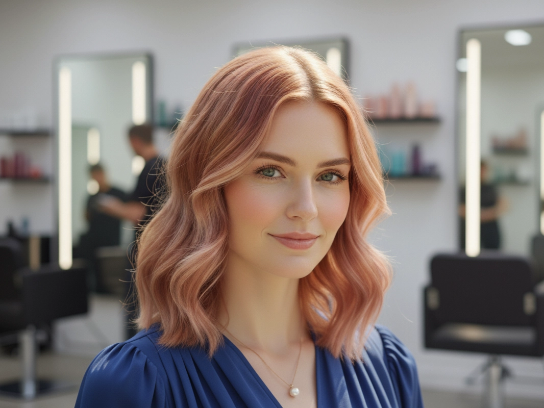 Frau mit mittellangem, welligem Haar in der Trendfarbe Strawberry Blonde steht in einem modernen Friseursalon und lächelt sanft in die Kamera.