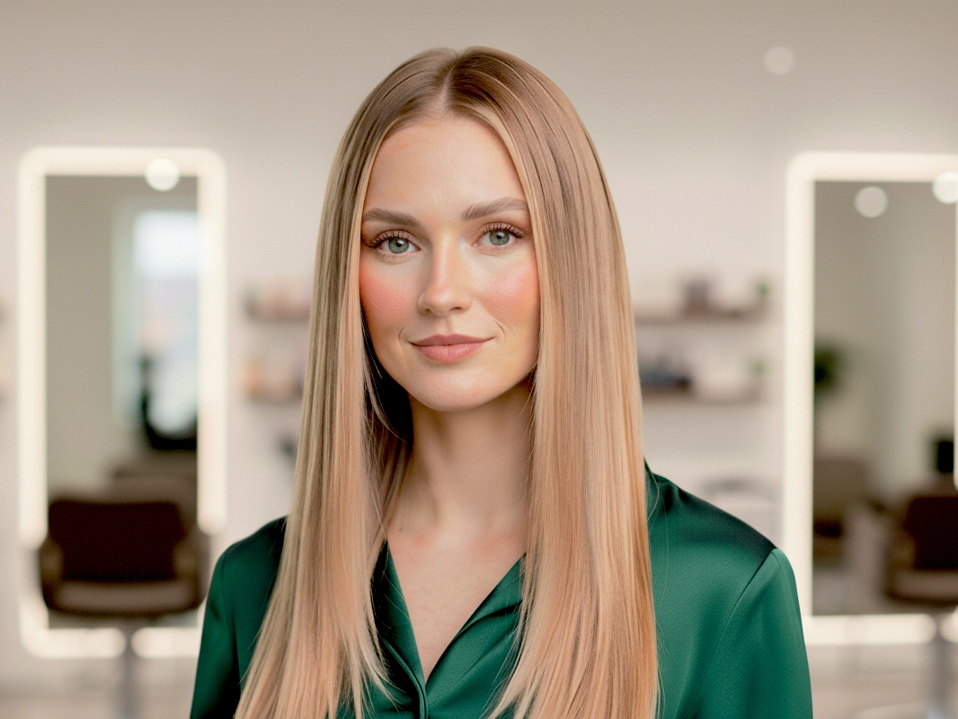 Frau mit glattem, langem Haar in einem sanften Strawberry Blonde Ton steht in einem modernen Friseursalon und blickt freundlich in die Kamera.