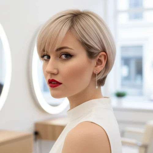 Bixie Cut 8 - Friseur Dilek Frau mit modernem Bixie Cut in Platinblond – eleganter Kurzhaarschnitt mit Pony, inspiriert vom Trend 2025.