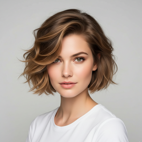 Moderne festliche Kurzhaarfrisur mit lockeren Wellen und elegantem, natürlichem Styling – ideal für Weihnachten, Silvester und besondere Anlässe.