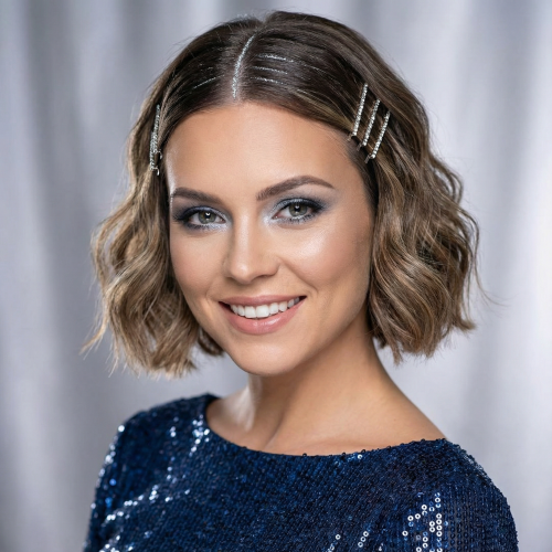 Festliche Kurzhaarfrisur mit gewelltem Bob, seitlich gesteckt mit glitzernden Haarklammern