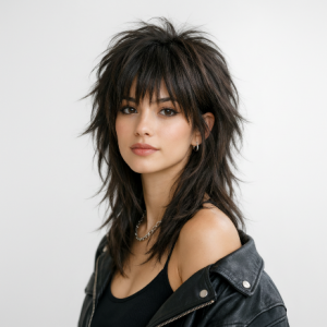 Wolf Cut Frisur 2026 – Moderner Stufenschnitt mit Struktur - Friseur Dilek Frau mit langem, dunkelbraunem Wolf-Cut, voluminösem Pony und stark gestuften Längen, trägt schwarzes Top und Lederjacke