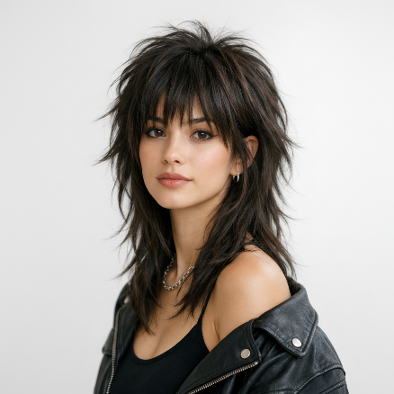 Wolf Cut Frisur 2026 – Moderner Stufenschnitt mit Struktur - Friseur Dilek Frau mit langem, dunkelbraunem Wolf-Cut, voluminösem Pony und stark gestuften Längen, trägt schwarzes Top und Lederjacke