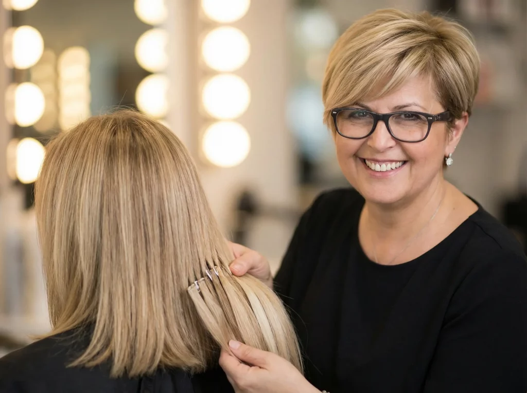 Friseurmeisterin Dilek berät eine blonde Kundin zur Haarverlängerung mit Echthaar-Farbmustern bei DILEK Friseur in Offenbach am Main