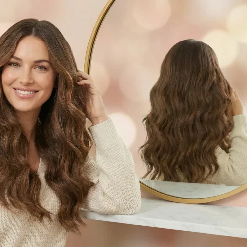 Frau mit langer welliger Haarverl&auml;ngerung l&auml;chelt vor einem goldenen Spiegel - Hero-Bild f&uuml;r Haarverl&auml;ngerung Offenbach bei DILEK Friseur