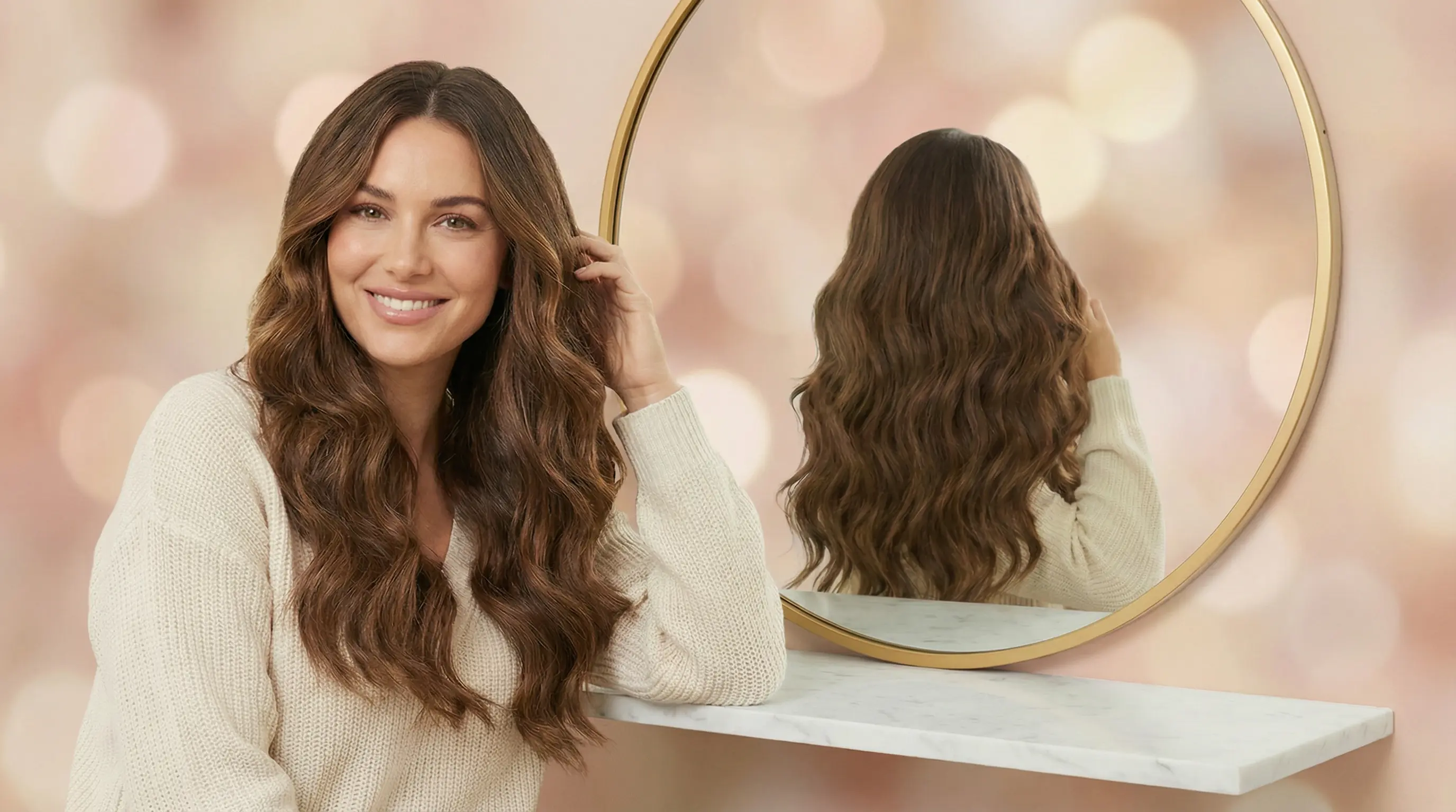 Frau mit langer welliger Haarverlängerung lächelt vor einem goldenen Spiegel - Hero-Bild für Haarverlängerung Offenbach bei DILEK Friseur