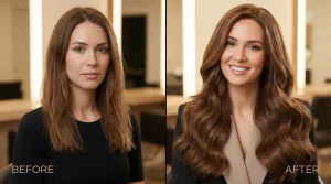 hero-vorher-nachher - Friseur Dilek - Friseur Dilek Vorher-Nachher Vergleich einer Hairdreams Haarverlängerung bei DILEK Friseur Offenbach — von dünnem zu voluminösem Traumhaar