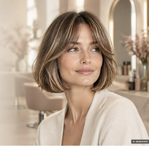 Moderne kinnlange Bob-Frisur in warmem Braun mit feinen blonden Highlights in einem Friseursalon in Offenbach.